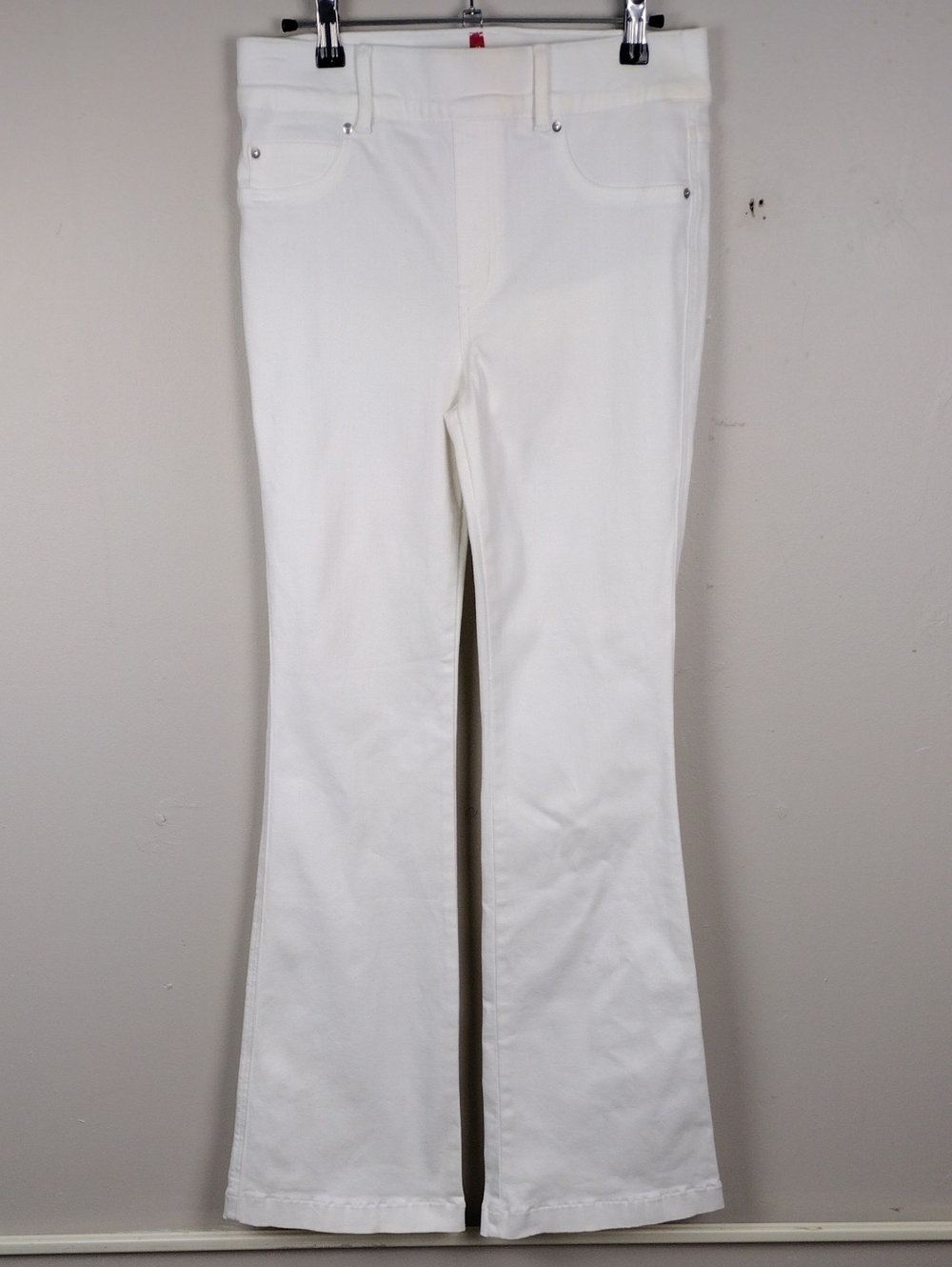 Spanx White Denim High Rise Elastic Belt Loop Waistband Pull On Flare Leg Jean